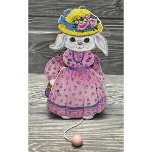 Vintage Easter Bunny Rabbit Wood Pull String Puppet Toy Basket Filler Decoration